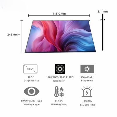 18.5-Inch Large FHD Industrial Display | 1920×1080 Resolution, LVDS Interface, 300cd/m² Brightness for Equipment Monitoring & Workshop Control Panels