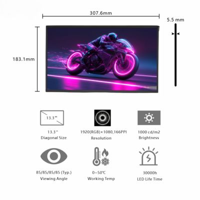 13.3-Inch Large FHD Outdoor Display | 1920×1080 Resolution, EDP Interface, 1000cd/m² High Brightness for Outdoor Kiosks & Street-Level Digital Signage