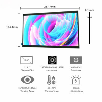 11.6-Inch Large FHD Industrial Display | 1920×1080 Resolution, EDP Interface, 1000cd/m² High Brightness for High-Light Workshops & Precision Equipment Monitors